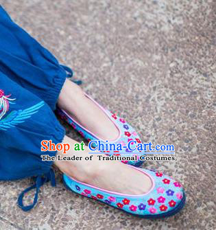 Traditional Chinese Ancient Princess Shoes Blue Cloth Embroidered Shoes, China Handmade Embroidery Flowers Hanfu Shoes for Women