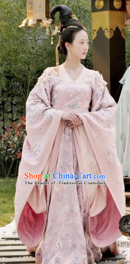 Traditional Ancient Chinese Tang Dynasty Palace Lady Imperial Concubine Embroidered Tailing Dress Costume and Headpiece Complete Set for Women