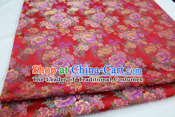 Chinese Traditional Ancient Costume Wedding Cheongsam Red Brocade Palace Peony Pattern Xiuhe Suit Satin Fabric Hanfu Material