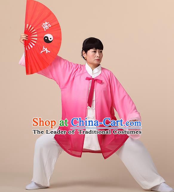 Traditional Chinese Kung Fu Costume Pink Chiffon Cloak, China Martial Arts Tai Ji Mantillas Clothing for Women