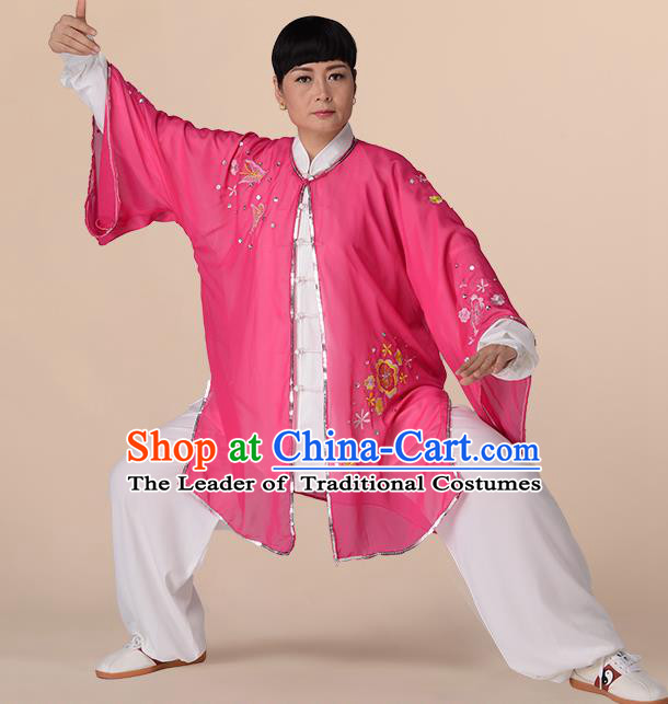 Traditional Chinese Kung Fu Costume Pink Chiffon Embroidered Cloak, China Martial Arts Tai Ji Mantillas Clothing for Women