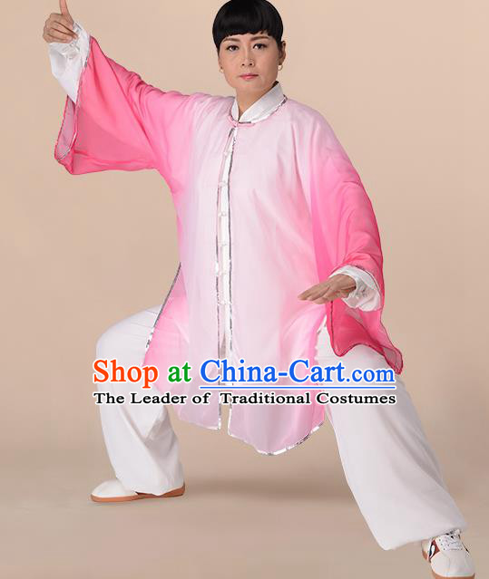 Traditional Chinese Kung Fu Costume Gradient Pink Chiffon Cloak, China Martial Arts Tai Ji Mantillas Clothing for Women