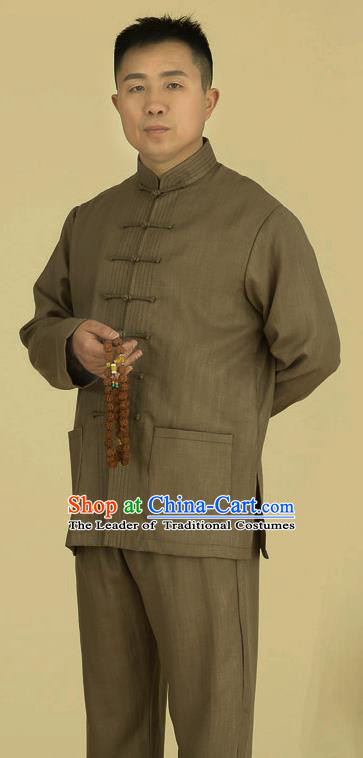 Traditional Chinese Kung Fu Brown Linen Costume, China Martial Arts Uniform Tai Ji Tang Suit Clothing for Men