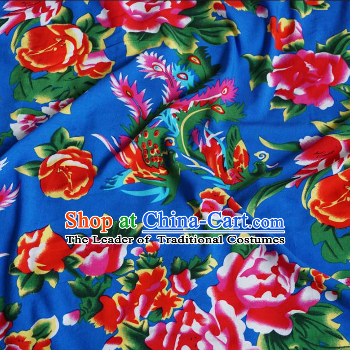 Chinese Traditional Palace Printing Phoenix Pattern Hanfu Blue Cotton Fabric Ancient Costume Tang Suit Cheongsam Material