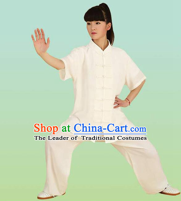 Chinese Linen Kung Fu Short Sleeve Costume, China Traditional Martial Arts Kung Fu Tai Ji Plated Buttons Uniform for Women