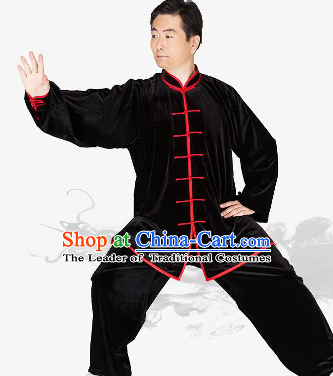 Chinese Kung Fu Black Velvet Red Buttons Costume Traditional Martial Arts Kung Fu Tai Ji Uniform for Women for Men