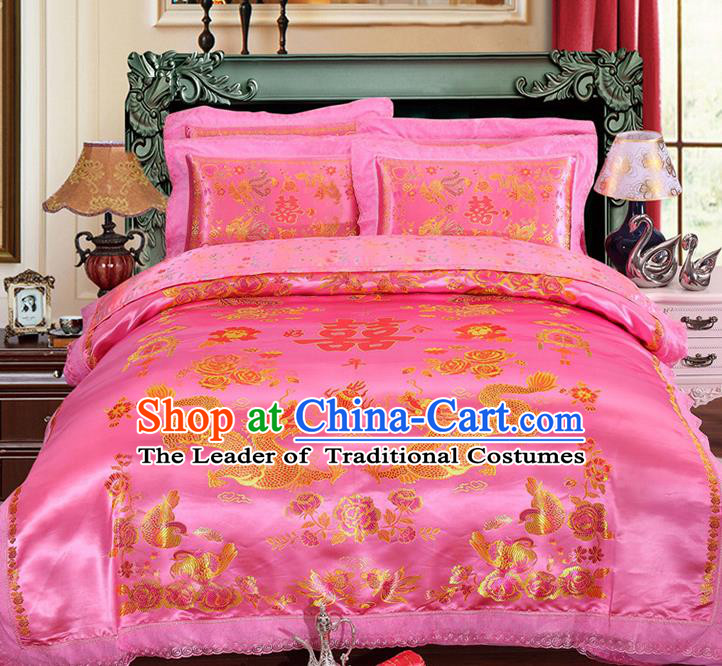 Traditional Chinese Wedding Pink Satin Qulit Cover Embroidered Dragons Bedding Sheet Four-piece Duvet Cover Textile Complete Set