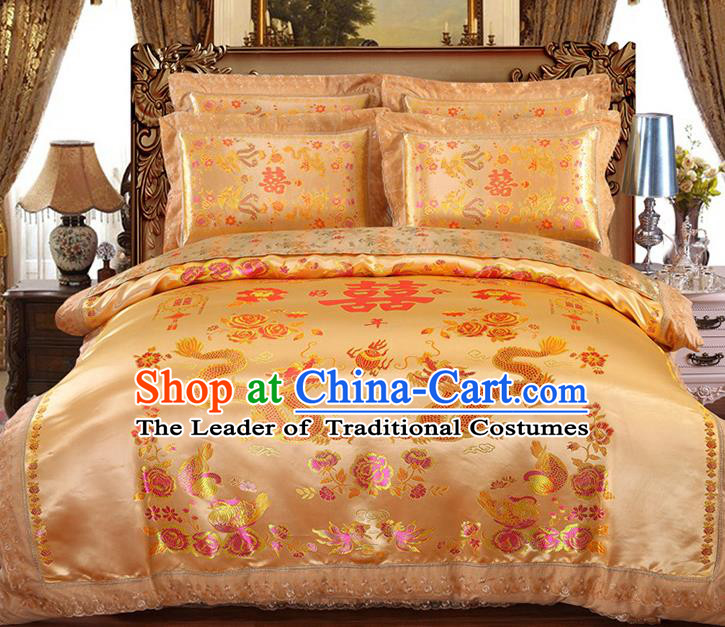 Traditional Chinese Wedding Yellow Satin Qulit Cover Embroidered Dragons Bedding Sheet Four-piece Duvet Cover Textile Complete Set