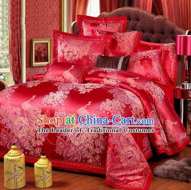 Traditional Chinese Wedding Red Satin Qulit Cover Printing Peacock Bedding Sheet Four-piece Duvet Cover Textile Complete Set