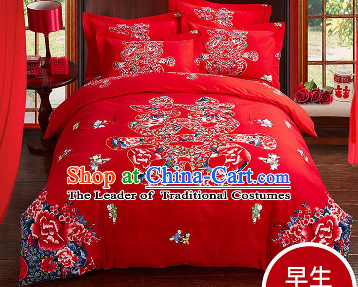 Traditional Chinese Wedding Red Qulit Cover Printing Peony Bedding Sheet Four-piece Duvet Cover Textile Complete Set