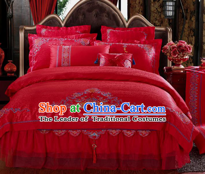 Traditional Chinese Wedding Red Satin Qulit Cover Bedding Sheet Embroidered Four-piece Duvet Cover Textile Complete Set