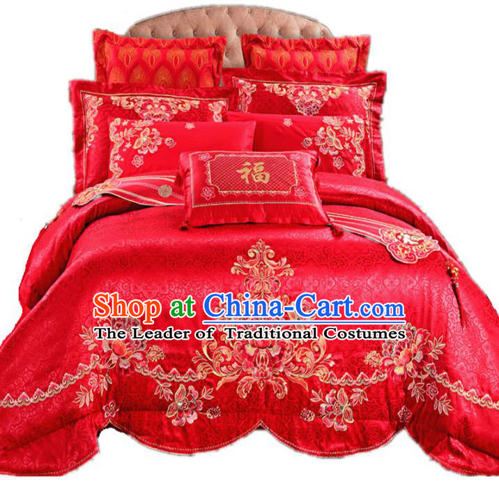 Traditional Chinese Wedding Red Satin Qulit Cover Bedding Sheet Embroidered Fu Character Ten-piece Duvet Cover Textile Complete Set