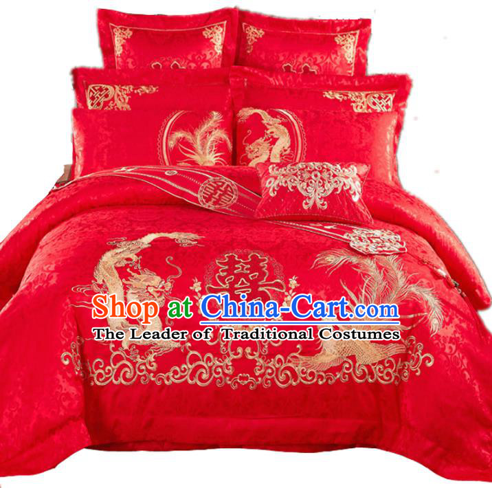 Traditional Chinese Wedding Red Satin Qulit Cover Bedding Sheet Embroidered Dragon Phoenix Eleven-piece Duvet Cover Textile Complete Set