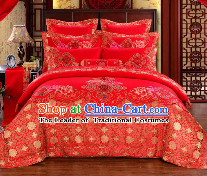 Traditional Chinese Wedding Red Satin Qulit Cover Bedding Sheet Embroidered Ten-piece Duvet Cover Textile Complete Set