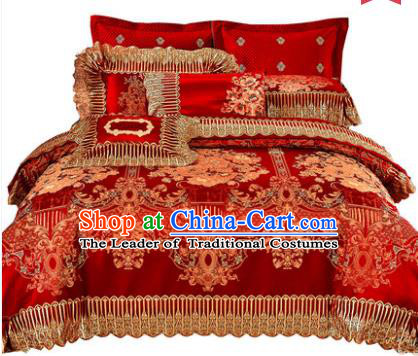 Traditional Asian Chinese Wedding Palace Lace Qulit Cover Bedding Sheet, Embroidered Satin Drill Ten-piece Duvet Cover Textile Bedding Suit