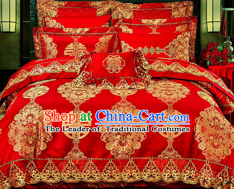Traditional Asian Chinese Wedding Palace Qulit Cover Bedding Sheet Embroidered Ten-piece Duvet Cover Textile Bedding Suit