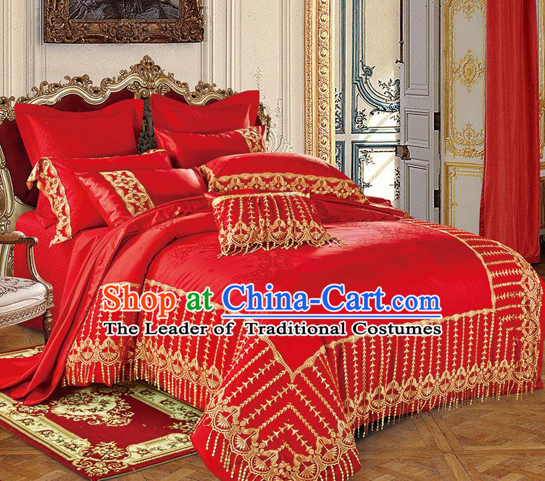 Traditional Asian Chinese Wedding Red Satin Qulit Cover Embroidered Palace Bedding Sheet Ten-piece Duvet Cover Textile Complete Set