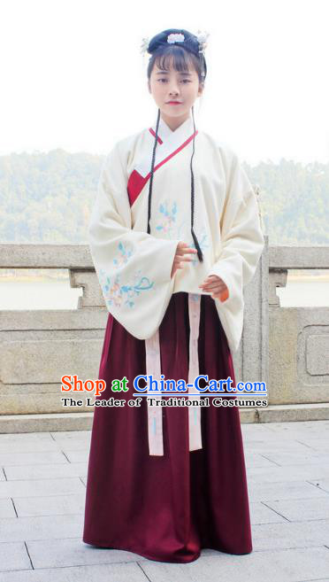 Traditional Chinese Ancient Ming Dynasty Princess Hanfu Costume Embroidered White Blouse and Wine Red Skirt for Women