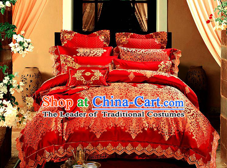 Traditional Asian Chinese Wedding Red Satin Palace Qulit Cover Bedding Sheet Ten-piece Duvet Cover Textile Complete Set