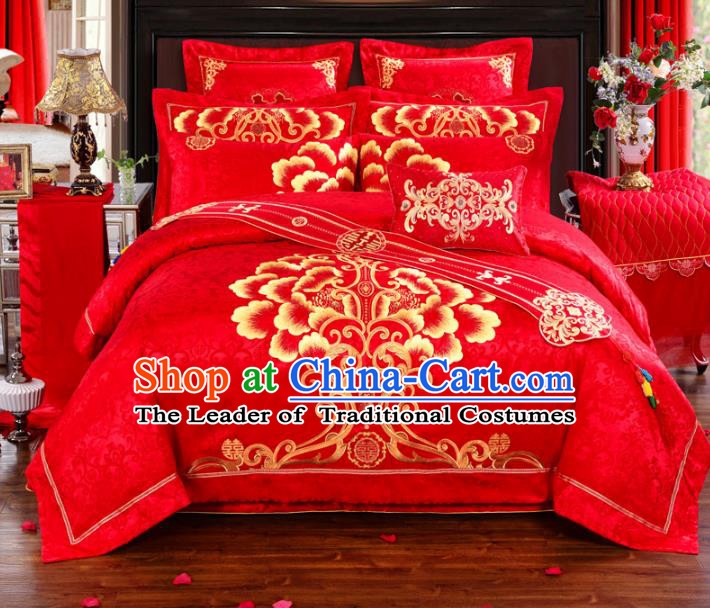 Traditional Chinese Wedding Red Embroidered Ten-piece Bedclothes Duvet Cover Textile Qulit Cover Bedding Sheet Complete Set