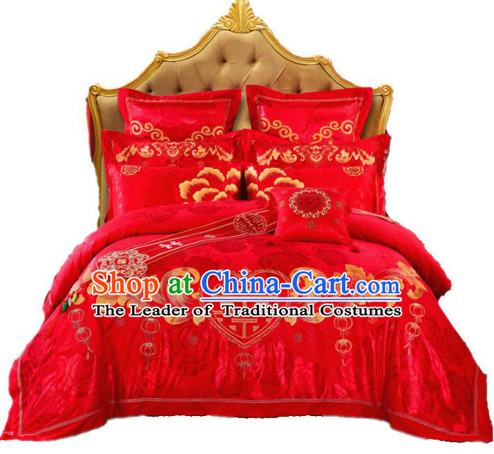 Traditional Chinese Wedding Red Embroidered Ten-piece Bedclothes Duvet Cover Textile Qulit Cover Bedding Sheet Complete Set