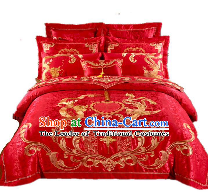 Traditional Chinese Wedding Red Satin Embroidered Dragon Phoenix Ten-piece Bedclothes Duvet Cover Textile Qulit Cover Bedding Sheet Complete Set