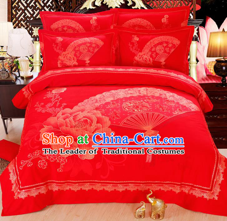 Traditional Chinese Wedding Red Printing Peony Four-piece Bedclothes Duvet Cover Textile Qulit Cover Bedding Sheet Complete Set