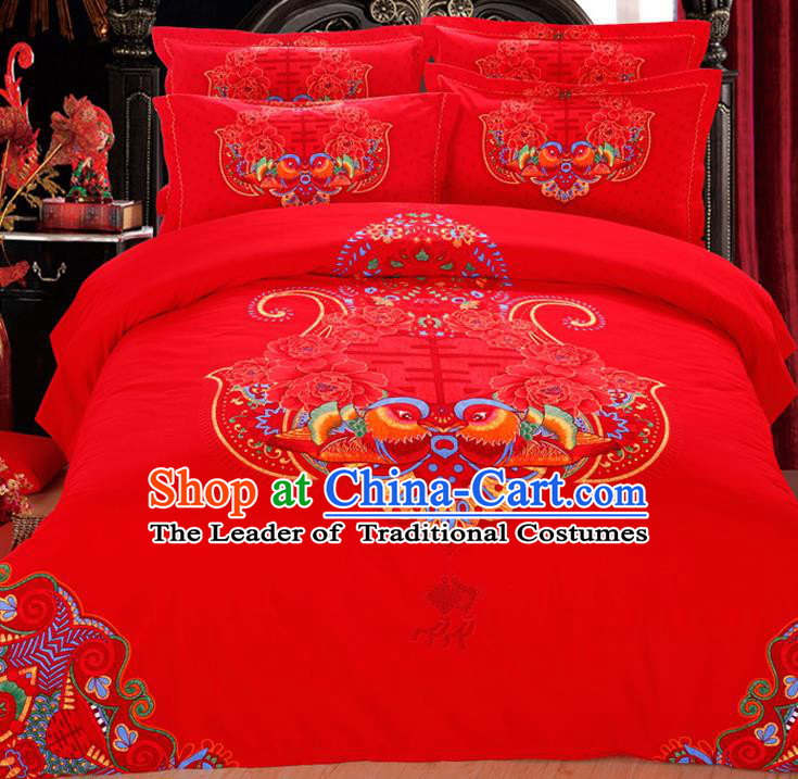 Traditional Chinese Wedding Red Printing Mandarin Duck Four-piece Bedclothes Duvet Cover Textile Qulit Cover Bedding Sheet Complete Set