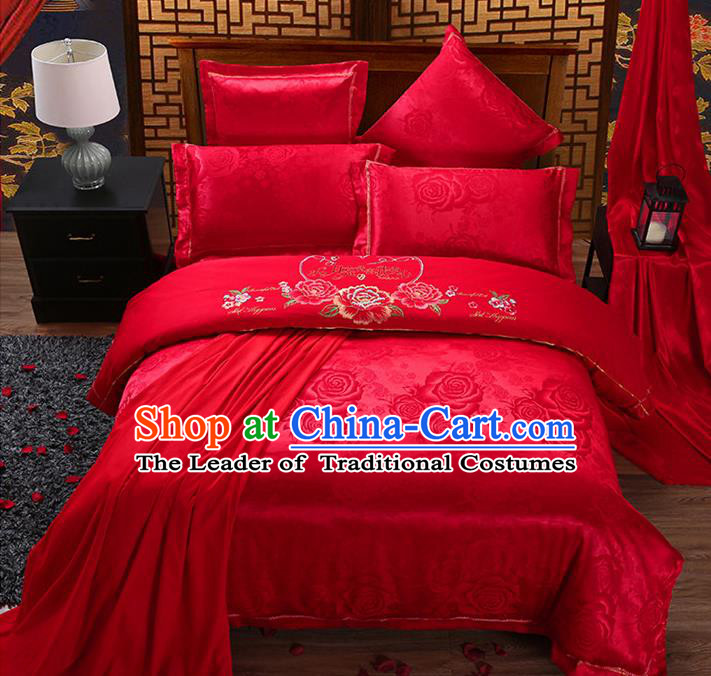 Traditional Chinese Wedding Embroidered Peony Flowers Red Satin Six-piece Bedclothes Duvet Cover Textile Qulit Cover Bedding Sheet Complete Set