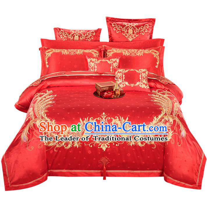 Traditional Chinese Wedding Embroidered Phoenix Red Satin Ten-piece Bedclothes Duvet Cover Textile Qulit Cover Bedding Sheet Complete Set