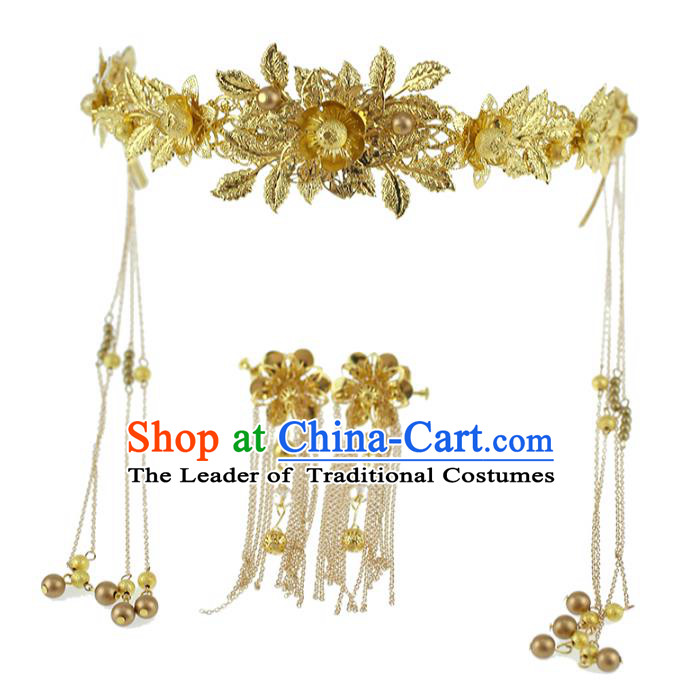 Chinese Traditional Bride Hair Jewelry Accessories Xiuhe Suit Hairpins Headwear Wedding Golden Phoenix Coronet for Women