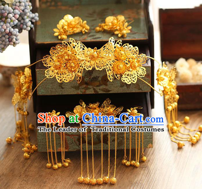 Chinese Traditional Bride Hair Jewelry Accessories Xiuhe Suit Hairpins Headwear Wedding Golden Butterfly Phoenix Coronet for Women