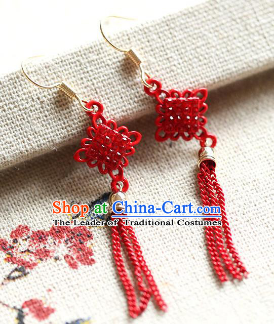 Chinese Traditional Bride Jewelry Accessories Princess Wedding Xiuhe Suit Red Chinese Knots Tassel Earrings for Women
