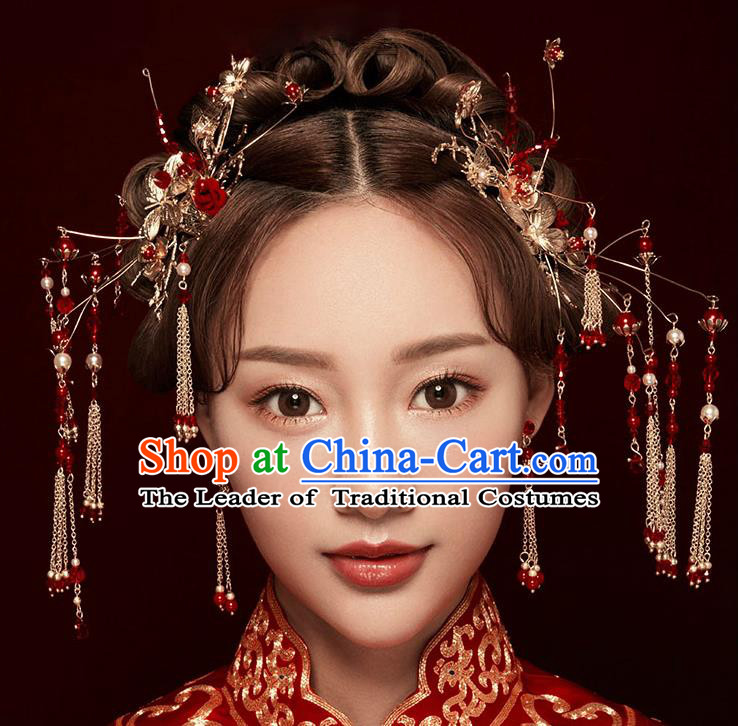 Chinese Traditional Bride Hair Jewelry Accessories Palace Xiuhe Suit Red Beads Hairpins Wedding Tassel Phoenix Coronet for Women