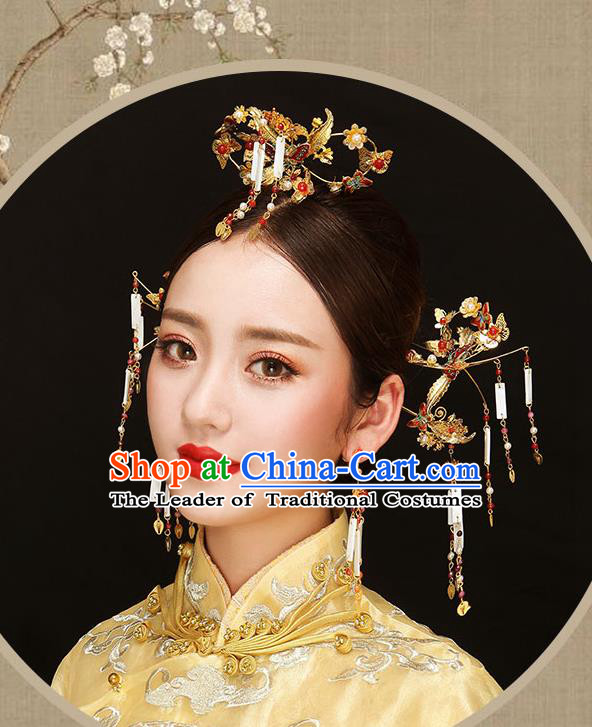 Chinese Traditional Bride Hair Jewelry Accessories Palace Xiuhe Suit Butterfly Hairpins Wedding Tassel Phoenix Coronet for Women