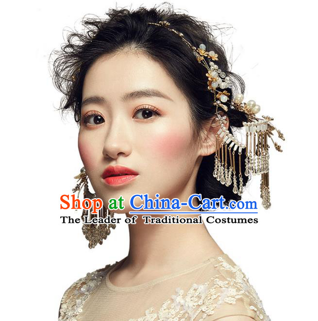 Chinese Traditional Bride Hair Accessories Palace Queen Xiuhe Suit Tassel Step Shake Wedding Hairpins Complete Set for Women