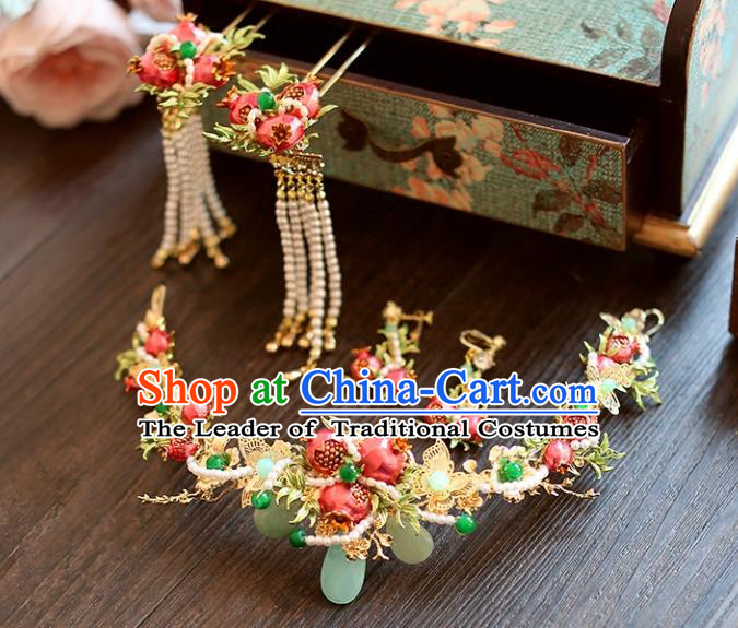 Chinese Traditional Bride Hair Accessories Palace Queen Xiuhe Suit Pomegranate Phoenix Coronet Wedding Hairpins for Women