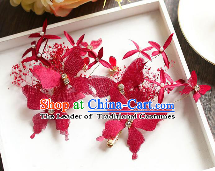 Chinese Traditional Bride Hair Jewelry Accessories Wedding Baroque Retro Red Silk Butterfly Hair Stick for Women