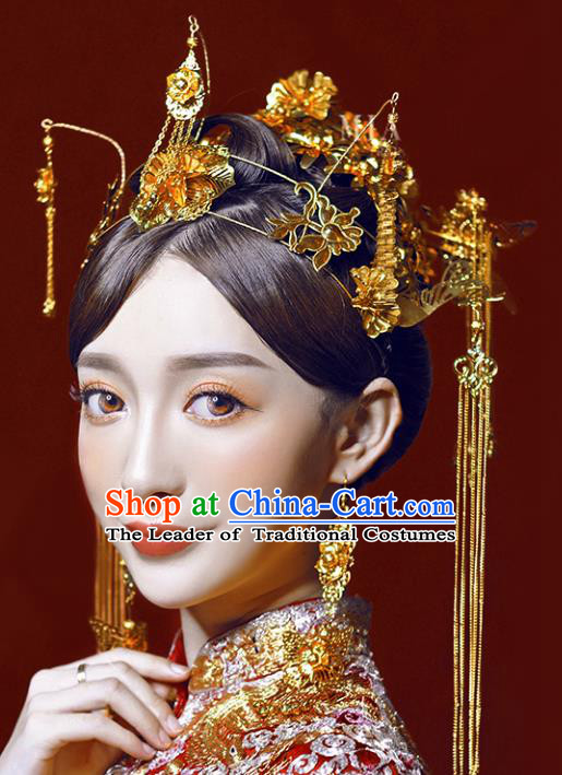 Chinese Traditional Bride Hair Accessories Xiuhe Suit Wedding Flowers Hairpins Phoenix Coronet Complete Set for Women