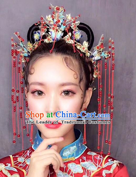 Chinese Traditional Bride Hair Accessories Xiuhe Suit Blueing Butterfly Phoenix Coronet Wedding Tassel Hairpins Complete Set for Women