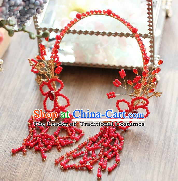 Chinese Traditional Bride Hair Accessories Baroque Wedding Red Beads Tassel Hair Clasp for Women