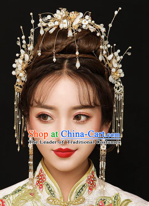 Chinese Traditional Bride Hair Accessories Xiuhe Suit Golden Hair Comb Wedding Tassel Hairpins Complete Set for Women