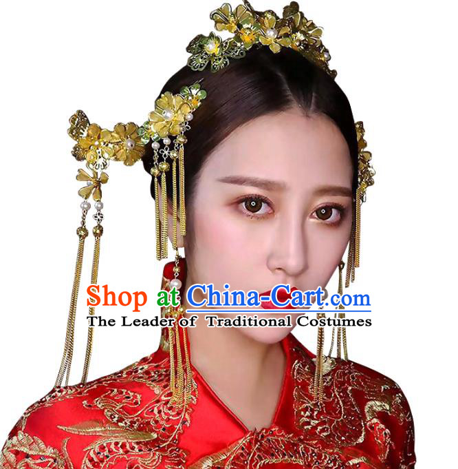 Chinese Traditional Bride Hair Accessories Xiuhe Suit Wedding Golden Step Shake Hairpins Complete Set for Women