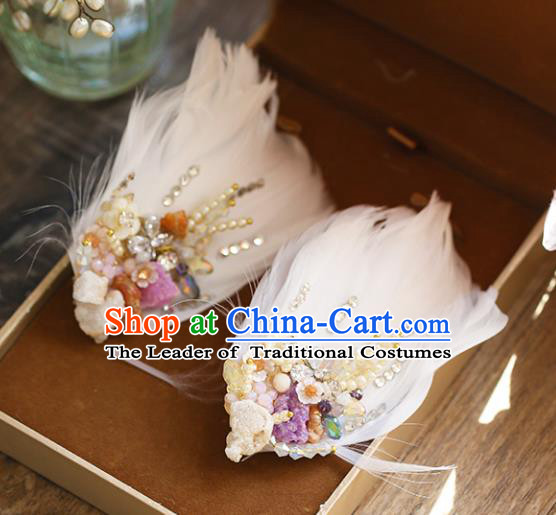Chinese Traditional Bride Hair Accessories Baroque Princess Wedding White Feather Hair Stick for Women