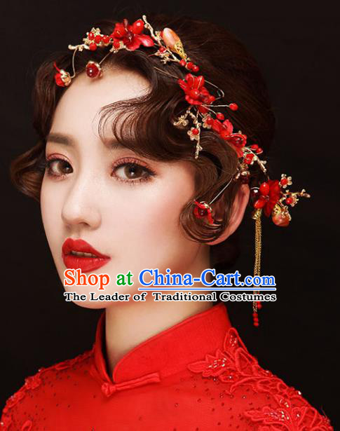 Chinese Traditional Bride Hair Accessories Xiuhe Suit Wedding Red Flowers Step Shake Hairpins for Women