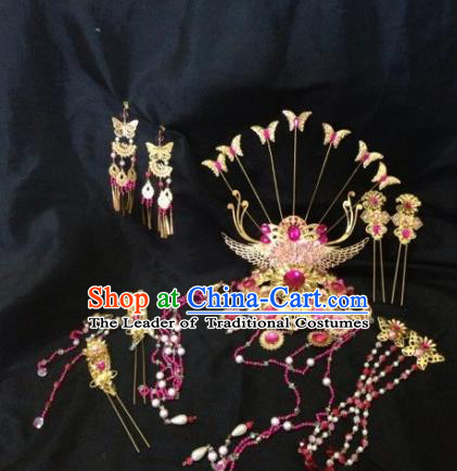 Chinese Traditional Ancient Hair Accessories Hairpins Handmade Tassel Phoenix Coronet Step Shake for Women