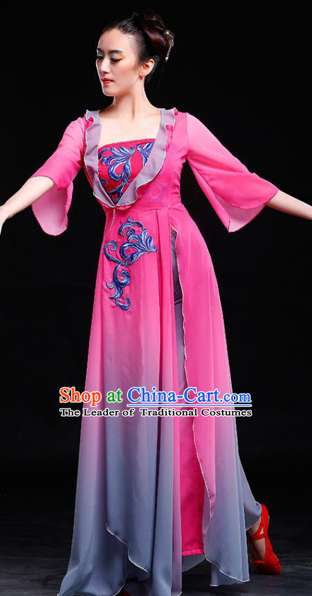 Traditional Chinese Classical Yangge Dance Embroidered Costume, China Yangko Dance Rosy Dress Clothing for Women