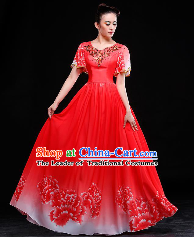 Traditional Chinese Modern Dance Costume, Opening Dance Chorus Red Long Dress Clothing for Women