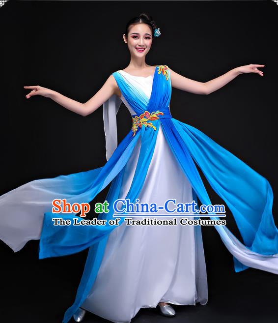 Traditional Chinese Modern Dance Costume, Opening Dance Chorus Blue Long Dress Clothing for Women