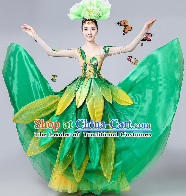 Traditional Chinese Modern Dance Opening Dance Green Paillette Bubble Dress Clothing for Women